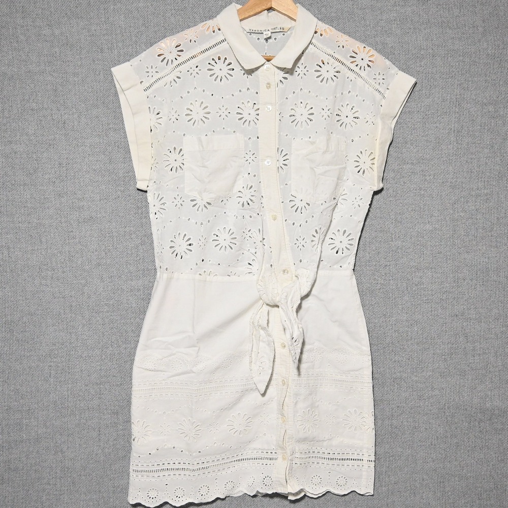 Veronica Beard Eyelet Shirt Dress Womens Tie Front Scalloped 8 White